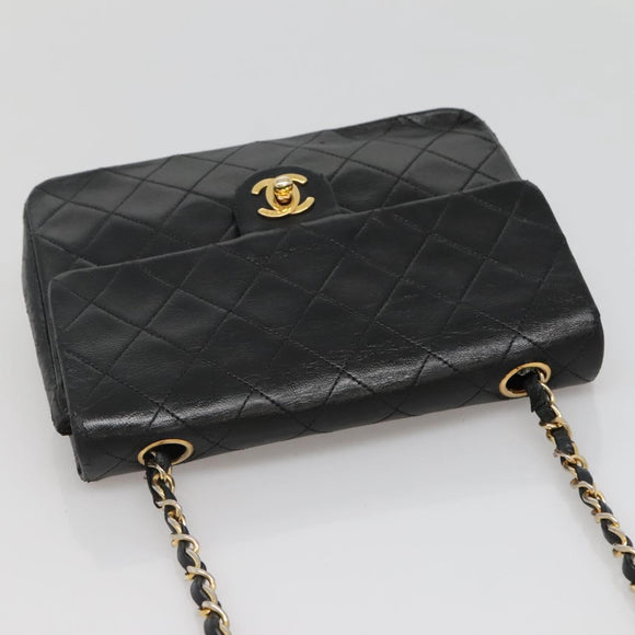 CHANEL Mini Matelasse Chain Shoulder Bag Lamb Skin Black Gold CC Auth bs27341