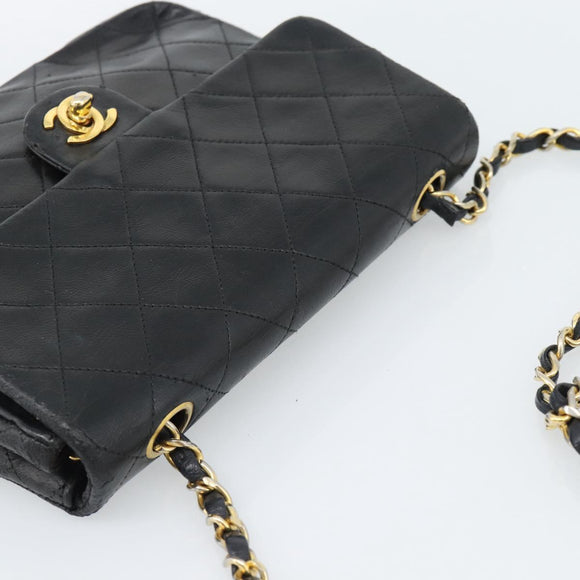 CHANEL Mini Matelasse 20 Chain Shoulder Bag Lamb Skin Black Gold CC Auth bs27341