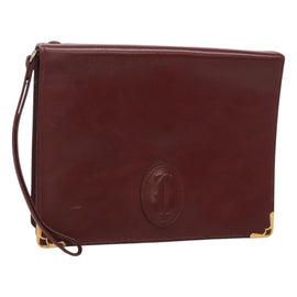 CARTIER Must Line Clutch Bag Leather Bordeaux Gold Auth bs27354