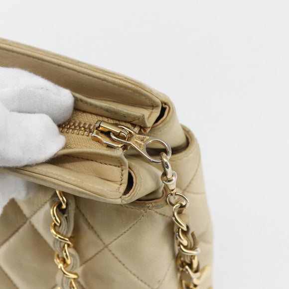 CHANEL Matelasse Chain Shoulder Bag Lamb Skin Beige Gold CC Auth bs27415