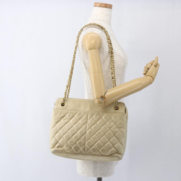 CHANEL Matelasse Chain Shoulder Bag Lamb Skin Beige Gold CC Auth bs27415