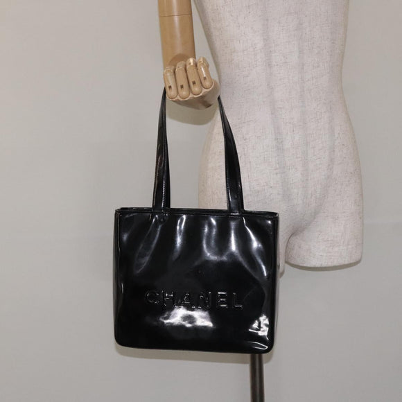 CHANEL Tote Bag Enamel Black Gold CC Auth bs27418