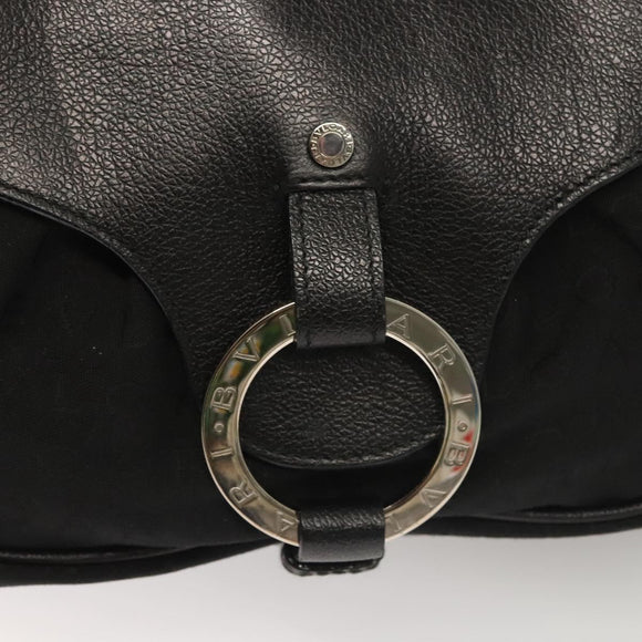 BVLGARI Logo Mania Shoulder Bag Leather Canvas Black Silver Auth bs27432