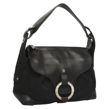 BVLGARI Logo Mania Shoulder Bag Leather Canvas Black Silver Auth bs27432