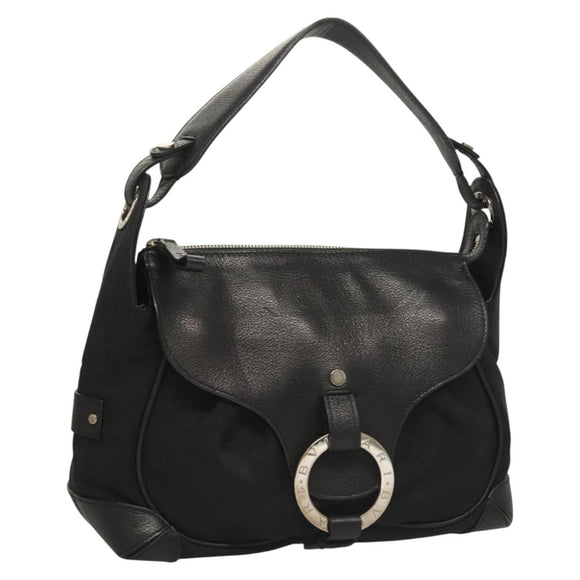 BVLGARI Logo Mania Shoulder Bag Leather Canvas Black Silver Auth bs27432