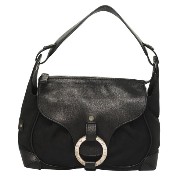 BVLGARI Logo Mania Shoulder Bag Leather Canvas Black Silver Auth bs27432