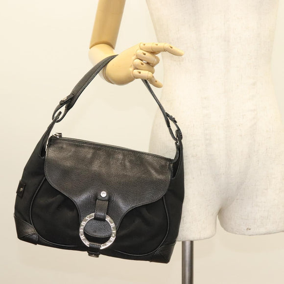 BVLGARI Logo Mania Shoulder Bag Leather Canvas Black Silver Auth bs27432