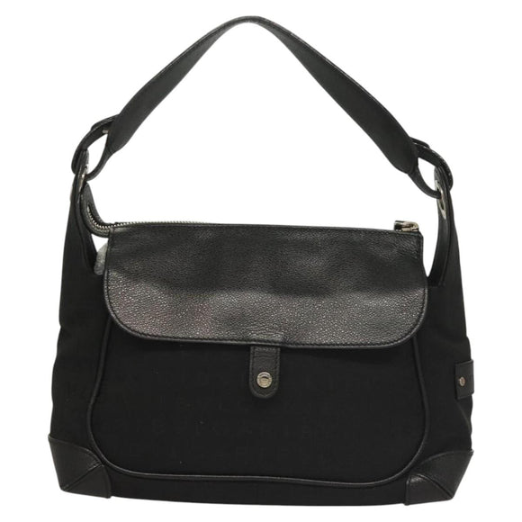 BVLGARI Logo Mania Shoulder Bag Leather Canvas Black Silver Auth bs27432