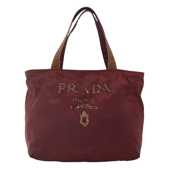 PRADA Hand Bag Nylon Bordeaux Silver Auth bs27436