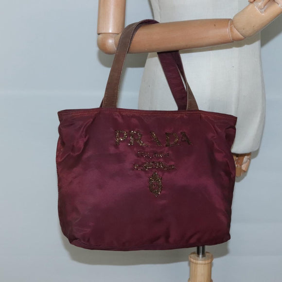 PRADA Hand Bag Nylon Bordeaux Silver Auth bs27436