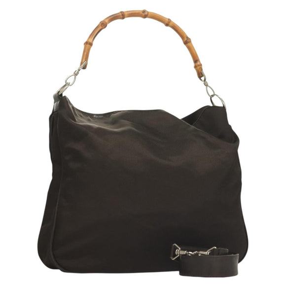 GUCCI Bamboo Hand Bag Nylon 2way Brown Silver 001 1553 1577 Auth bs27505