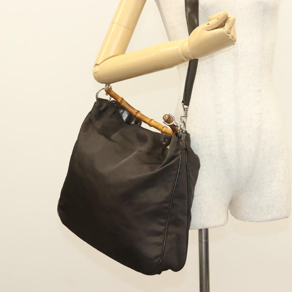 GUCCI Bamboo Hand Bag Nylon 2way Brown Silver 001 1553 1577 Auth bs27505
