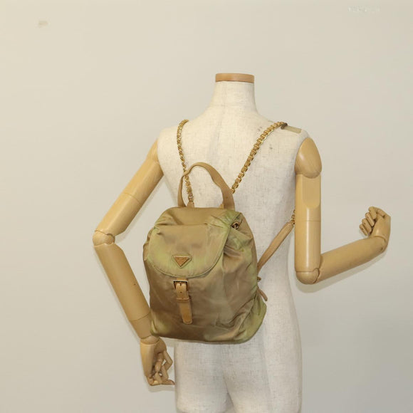 PRADA Chain Backpack Nylon Khaki Gold Auth bs27511