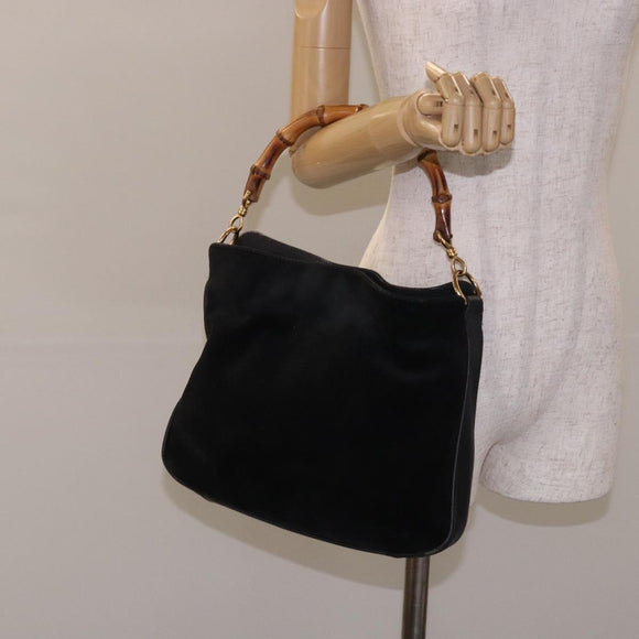 GUCCI Bamboo Hand Bag Suede Black Gold 001 1638 Auth bs27560