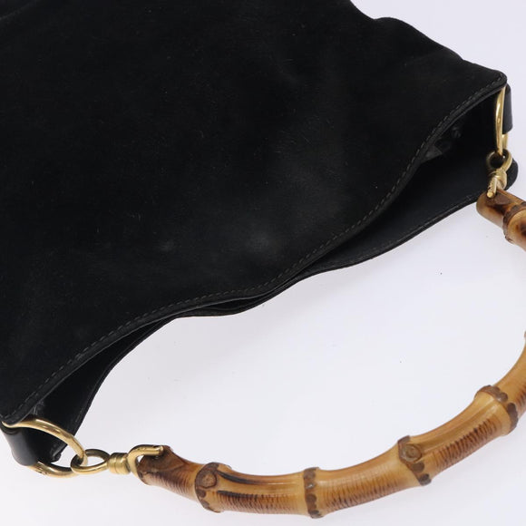 GUCCI Bamboo Hand Bag Suede Black Gold 001 1638 Auth bs27560