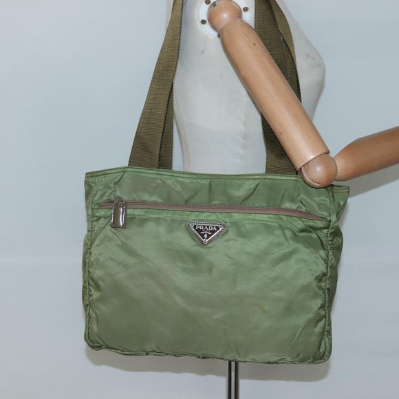 PRADA Shoulder Bag Nylon Khaki Silver Auth bs27601