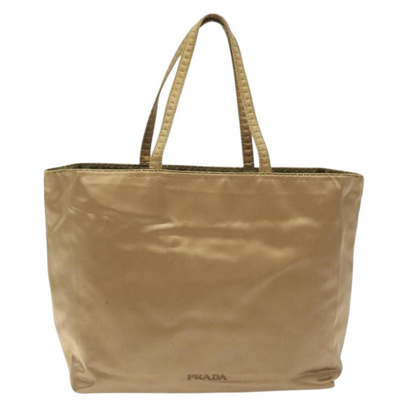 PRADA Hand Bag Satin Beige Gold Auth bs27603