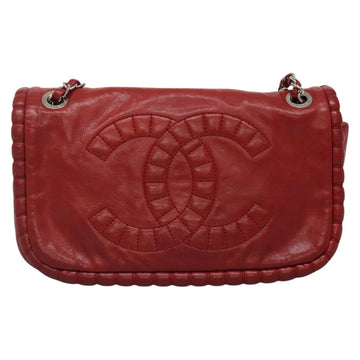 CHANEL Chain Shoulder Bag Leather Red Silver CC Auth bs27630 - 0