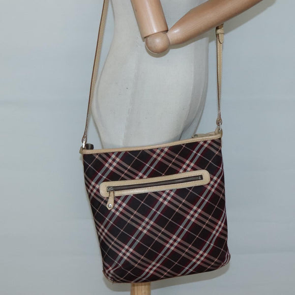 BURBERRY Nova Check Blue Label Shoulder Bag Canvas Red Silver Auth bs27656