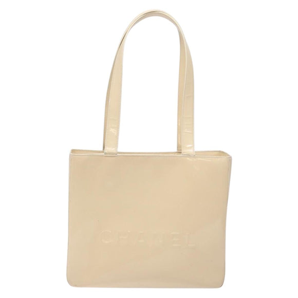 CHANEL Tote Bag Enamel Beige Gold CC Auth bs27673