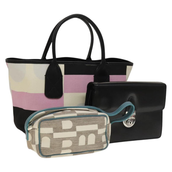 BALLY Bag Canvas Leather 3Set Black white Auth bs27713