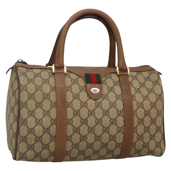 GUCCI GG Supreme Web Sherry Line Boston Bag PVC Beige Gold Auth bs27777