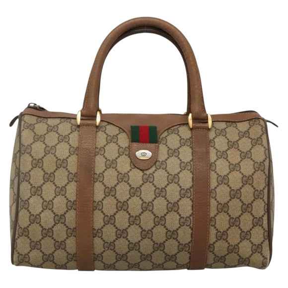 GUCCI GG Supreme Web Sherry Line Boston Bag PVC Beige Gold Auth bs27777