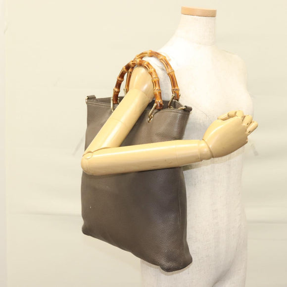 GUCCI Bamboo Hand Bag Leather Gray Gold 323663 Auth bs27789