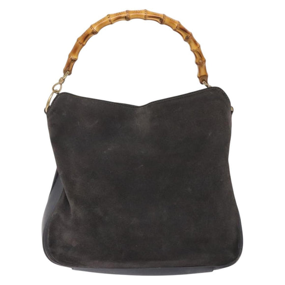 GUCCI Bamboo Hand Bag Suede Leather Gray Gold 001 1705 1638 Auth bs27790