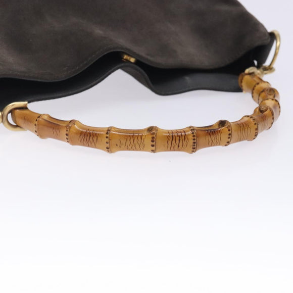 GUCCI Bamboo Hand Bag Suede Leather Gray Gold 001 1705 1638 Auth bs27790