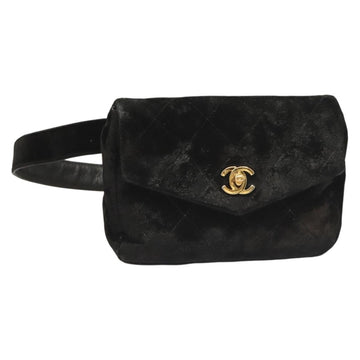 CHANEL Matelasse Waist Bag Velor Black Gold CC Auth bs27796