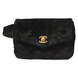 CHANEL Matelasse Waist Bag Velor Black Gold CC Auth bs27796 - 0