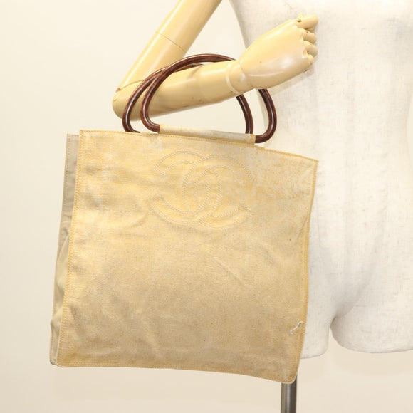 CHANEL Tote Bag Coated Canvas Beige Gold CC Auth bs27799