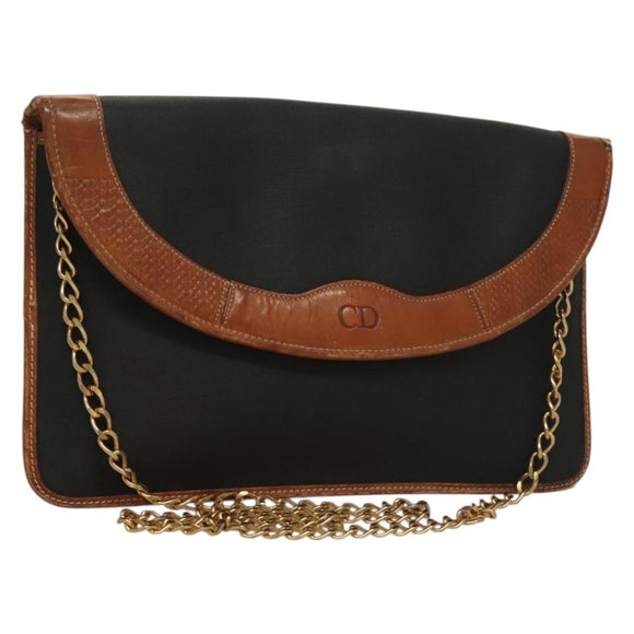 Christian Dior Chain Shoulder Bag Leather Black Gold Auth bs27816