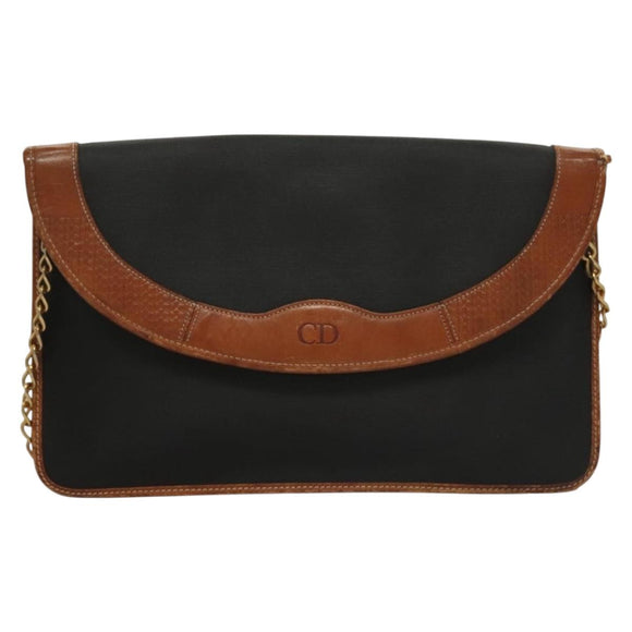 Christian Dior Chain Shoulder Bag Leather Black Gold Auth bs27816