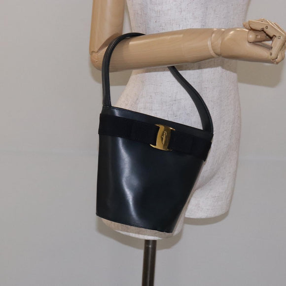 Salvatore Ferragamo Vala Hand Bag Leather Navy Gold Auth bs27825