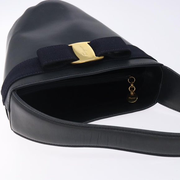 Salvatore Ferragamo Vala Hand Bag Leather Navy Gold Auth bs27825