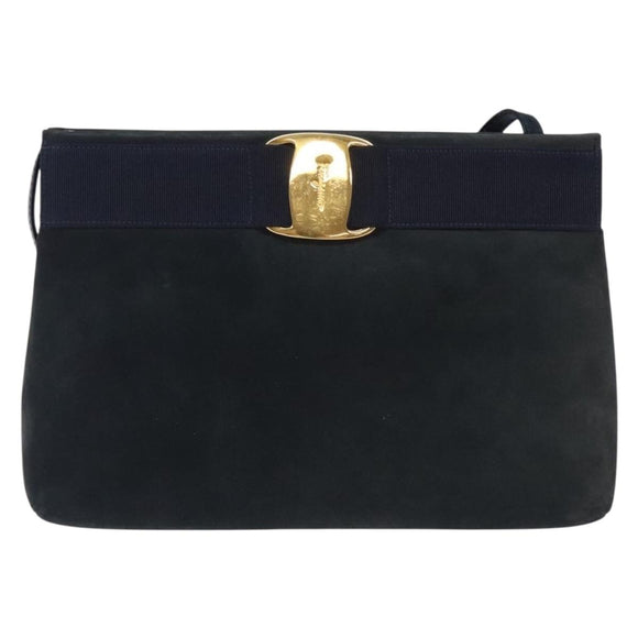 Salvatore Ferragamo Vala Shoulder Bag Suede Navy Gold Auth bs27829