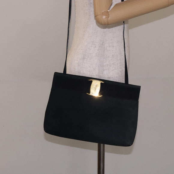 Salvatore Ferragamo Vala Shoulder Bag Suede Navy Gold Auth bs27829