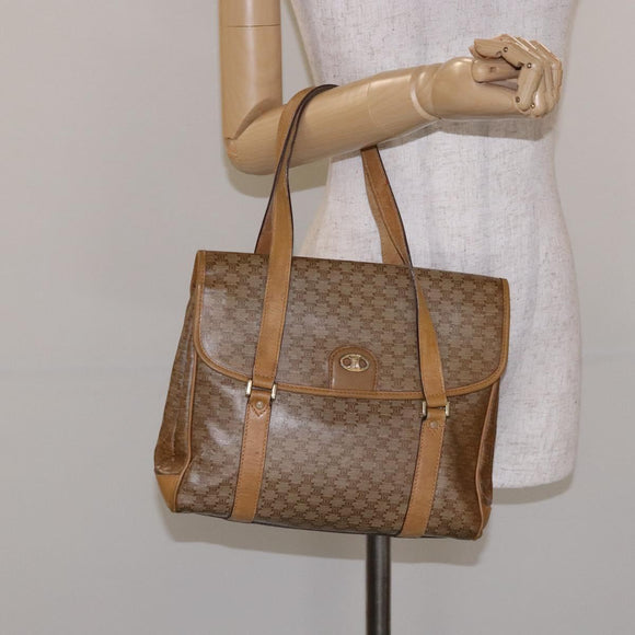 CELINE Macadam Canvas Handtasche PVC Beige Gold Auth bs27832