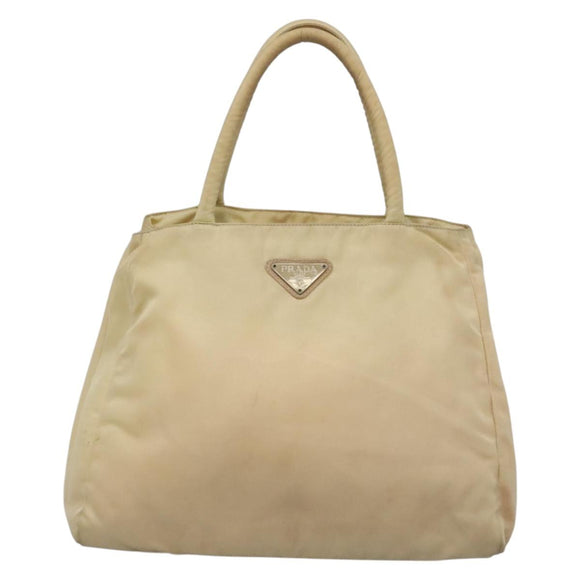 PRADA Tote Bag Nylon Beige Silver Auth bs27837