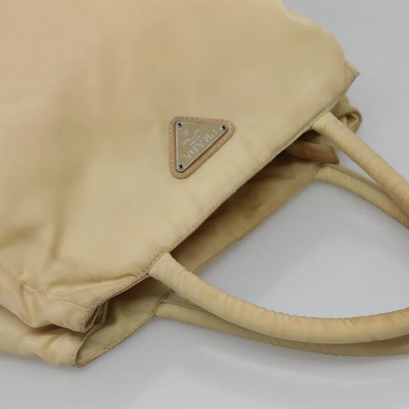 PRADA Tote Bag Nylon Beige Silver Auth bs27837