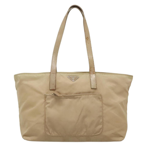PRADA Tote Bag Nylon Beige Silver Auth bs27839