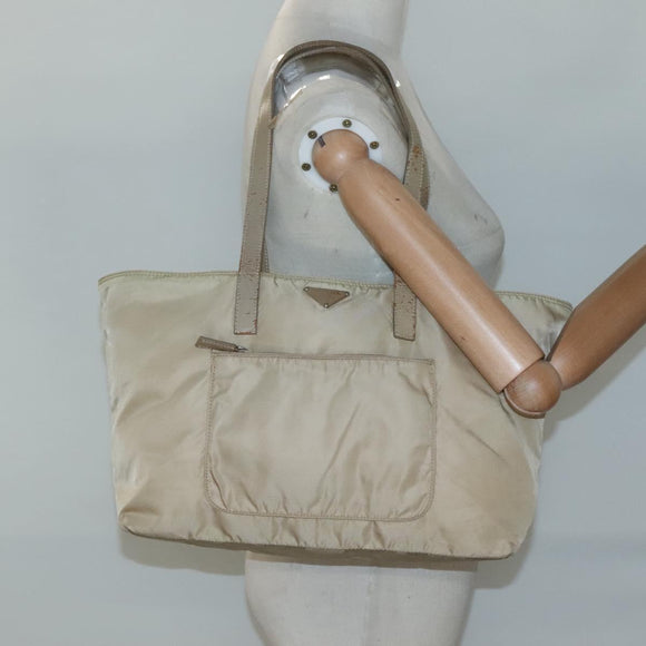 PRADA Tote Bag Nylon Beige Silver Auth bs27839