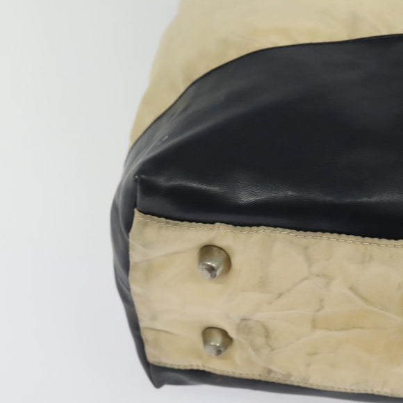 PRADA Tote Bag Nylon Leather Beige Silver Auth bs27840