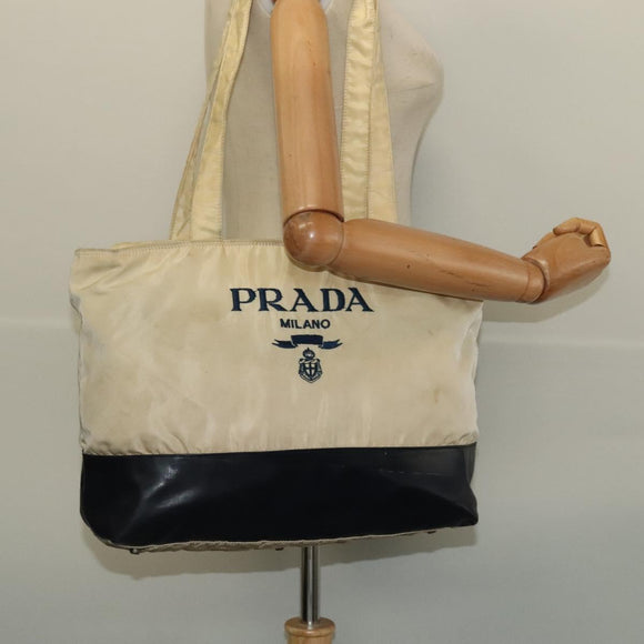 PRADA Tote Bag Nylon Leather Beige Silver Auth bs27840