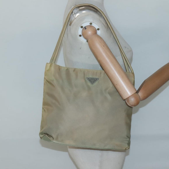 PRADA Tote Bag Nylon Beige Silver Auth bs27846