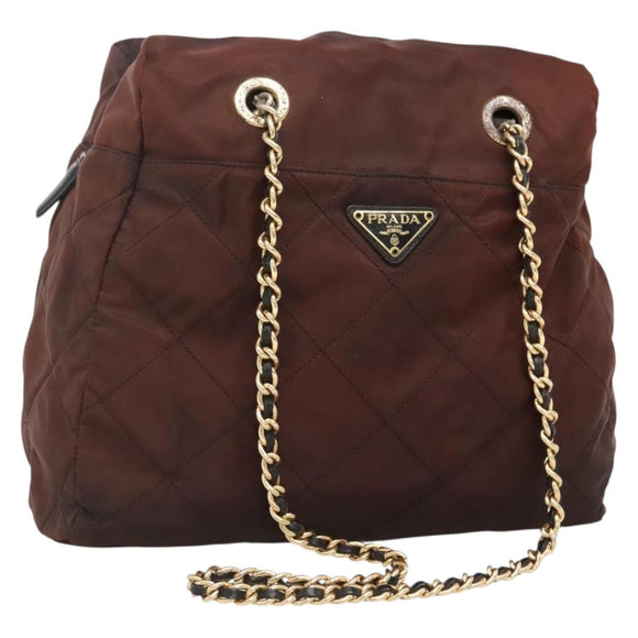 PRADA Chain Shoulder Bag Nylon Brown Gold Auth bs27847