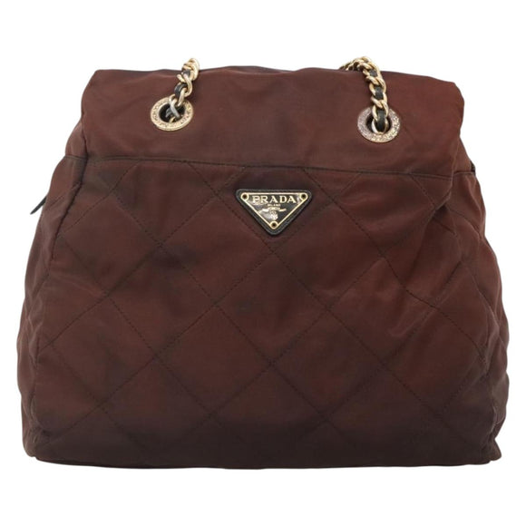 PRADA Chain Shoulder Bag Nylon Brown Gold Auth bs27847