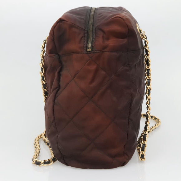 PRADA Chain Shoulder Bag Nylon Brown Gold Auth bs27847